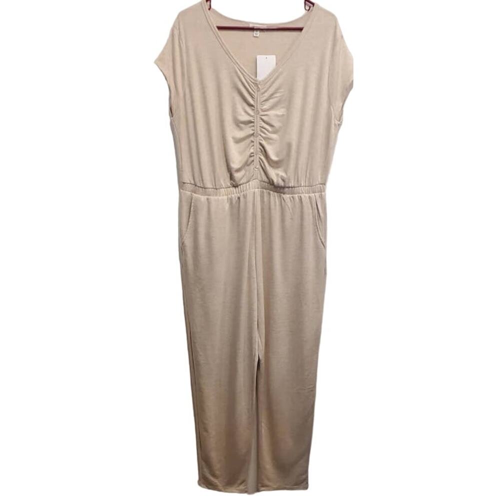 Stitch & Pine Cream Relaxed Loungewear Jumpsuit Heather Oatmeal Ruched Size XL